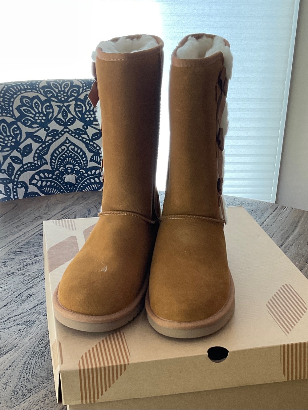 Koolaburra Chestnut Suede Mid-Calf Boots with Shearling Trim